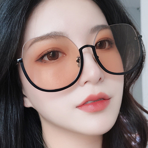 韩版ins网红同款复古圆框太阳眼镜女金属半框圆脸茶色大框墨镜潮