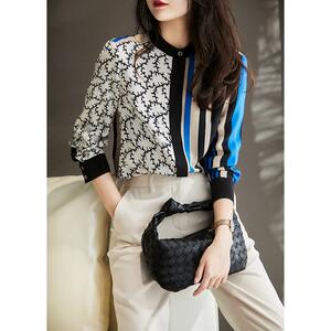 名品汇专柜热卖清仓蓝白减龄条纹缎面女士衬衫2022春秋时尚百搭