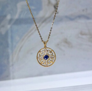 fancyyou蓝宝石设计师吊坠欧式克罗心巴洛克镂空18k金项链锁骨链