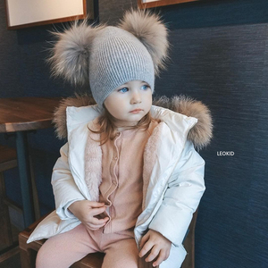 秋冬季浅灰色安哥拉兔绒男女宝宝护耳帽子1-6岁儿童貉子大毛球帽