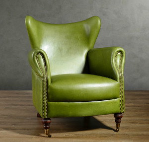 现货美式乡村欧式沙发椅休闲老虎椅客厅书房单人皮艺沙发绿色