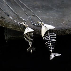 足银鱼骨头大鱼吊坠项坠 复古哑光做旧个性挂件 diy手工项链配饰