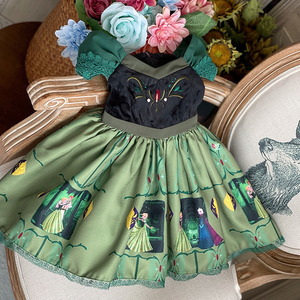 粗腿女童迪士尼安娜公主裙露肩绿色吊带裙卡通秋季长款连衣裙秋季