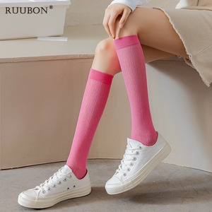 日本代购Ruubon薄款玫红色小腿袜女简约及膝长筒袜JK白色中筒袜子