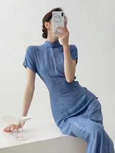 Srose花青 原创设计显白蓝色旗袍裙民国风日常款改良新中式连衣裙