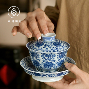 仿古青花八宝三才盖碗不烫手泡茶碗家用景德镇陶瓷功夫茶碗大容量