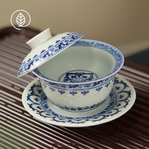 景德镇可悬停三才盖碗青花宝相泡茶碗陶瓷家用青花茶碗盖子悬浮