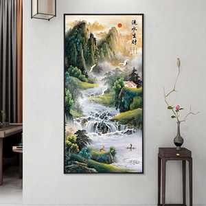流水生财山水风景画旭日东升玄关画长城画高山流水挂画入户装饰画