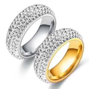 跨境外贸不锈钢饰品五排圆弧面陶泥满钻戒指不掉色钛钢指环男女