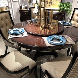 美式轻奢实木餐桌椅组合圆形欧式新古典圆桌家用饭桌带转盘6人8人