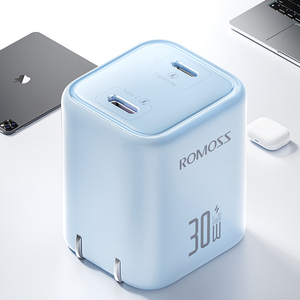 罗马仕充电头双口30W氮化镓充电器适用华为苹果iPhone15快充反向充电头