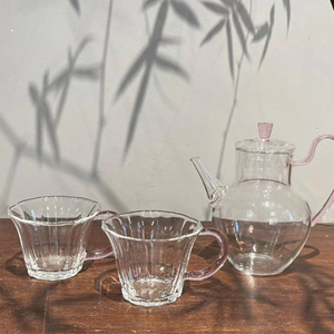 惊蛰 少女风耐热玻璃茶壶组 高硼硅粉把带盖花茶壶+花口杯 一整套