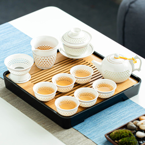 玲珑陶瓷蜂窝镂空盖碗茶具套装简约家用现代功夫小茶壶办公泡茶杯