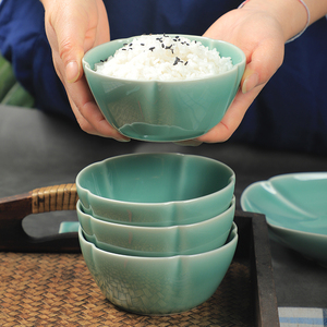 龙泉青瓷米饭碗家用陶瓷碗4.5英寸吃饭小碗天青釉粥碗花瓣甜品碗