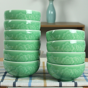 创意陶瓷碗中式家用米饭碗正品龙泉青瓷碗浮雕缠枝牡丹微波炉餐具