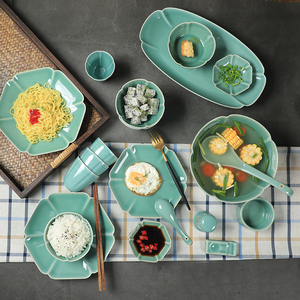 龙泉青瓷米饭碗陶瓷家用餐具菜盘鱼盘汤碗盘子组合创意天青釉深盘