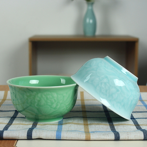 龙泉青瓷大号米饭碗家用陶瓷碗餐具素色牡丹荷花5英寸中式敞口碗