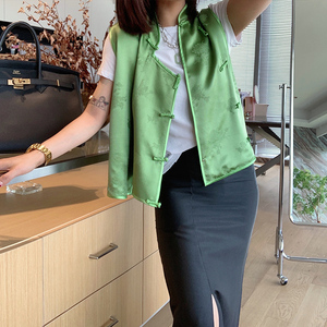 曼迪妈 新中式 骄矜盘扣小马甲双层真丝桑蚕丝复古坎肩背心女夏