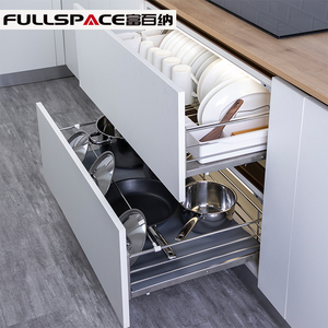 不锈钢拉篮标配进口百隆阻尼轨道碗碟锅架篮厨房双层抽屉出口收纳