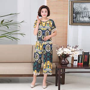 中老年人棉绸睡衣女夏季妈妈短袖绵绸套装外穿人造棉两件套家居服