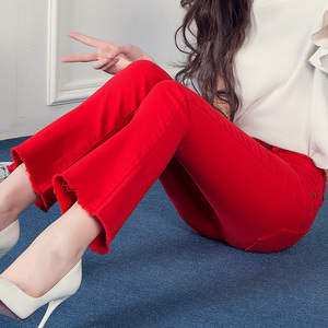 大红色夏季新款高腰微喇叭裤九分牛仔裤女秋弹力毛边百搭小喇叭裤