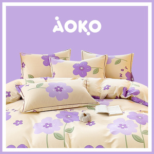韩国AOKO全棉纯棉四件套花海紫色床单款三件套被套少女心床上用品
