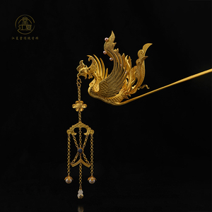 江夏堂 复原唐代人物仕女图银镀金凤冠发钗 古装汉服婚庆凤凰发簪