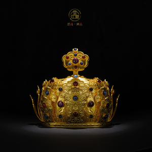 江夏堂仿明代如意云纹莲花冠银镀金手工錾刻三清道冠嵌宝石宝莲冠