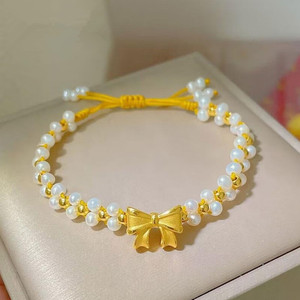 黄金999足金在逃公主蝴蝶结手链金珠手编绳送女友闺蜜节日礼物