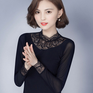 蕾丝上衣女镂空长袖t恤2020春天新款韩版修身显瘦网纱洋气打底衫