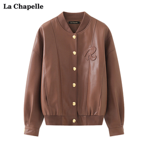 拉夏贝尔/La Chapelle美式复古休闲pu皮质R刺绣棒球服女皮衣外套