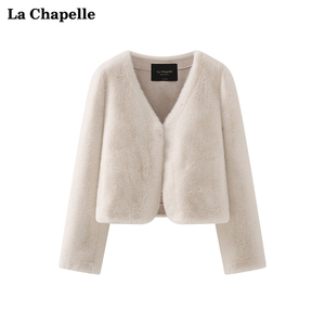 拉夏贝尔/La ChapelleV领短款毛毛外套女仿皮草气质通勤上衣冬季