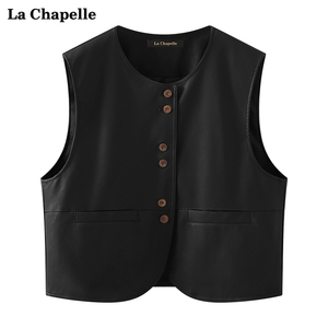 拉夏贝尔/La Chapelle复古圆领皮质西装马甲外套女百搭无袖背心春