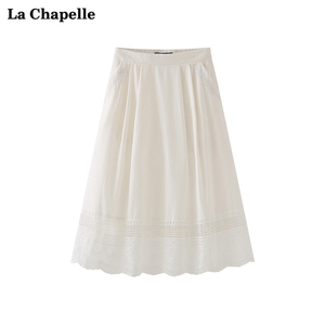 拉夏贝尔/La Chapelle半身裙女半松紧高腰压褶镂空花边下摆中长裙