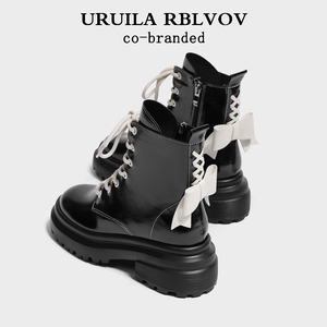 URUILA RBLVOV 真皮马丁靴女2023新款蝴蝶结短靴增高厚底甜酷靴子