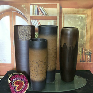 落地大花瓶时尚现代陶瓷器干花花插咖啡色雕刻客厅陶艺欧式家居