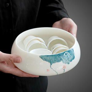 羊脂玉手绘茶洗大号洗水盂洗茶缸白瓷家用中日式高档陶瓷茶具配件