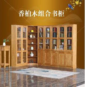 柏木转角书柜实木书架储物柜自由组合带玻璃门书橱柜子现代中式