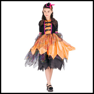 万圣节儿童服装女童橙色服装化妆舞会鬼节节日表演装扮女巫婆魔法