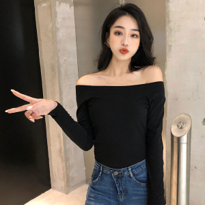 黑色t恤女长袖露肩锁骨心机性感漏肩膀紧身纯棉体恤一字肩上衣女