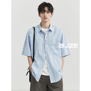 BJZE男装24夏季薄款高级感撞色翻领衬衫短袖韩版宽松半袖上衣外套