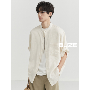 BJZE男装24夏季薄款亚麻透气高级感立领衬衫短袖韩版五分半袖上衣