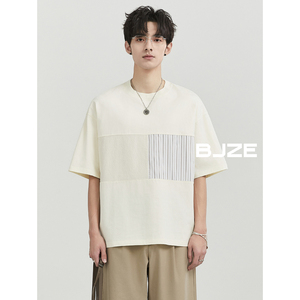 BJZE男装2024夏季新款 设计感拼接撞色圆领短袖t恤男韩版潮流体恤