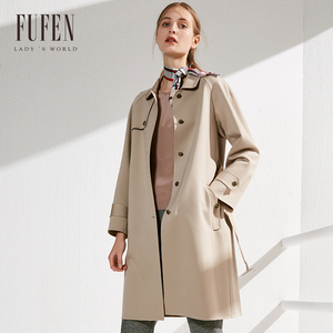 福芬秋新款polo领单排扣系带风衣女中长款外套fy-13200fufen女装