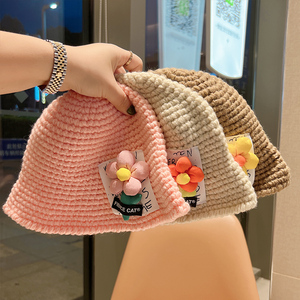 韩国单粗钩针花朵儿童秋冬渔夫帽手工毛线帽男女童出游造型帽子潮