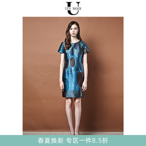 uenshadi\温莎蒂春季新款品牌女装复古蓝色中长款短袖连衣裙