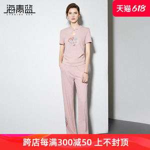 海青蓝新中式国风刺绣减龄两件套2024夏季新款舒适休闲运动套装女