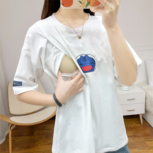 哺乳夏装宽松短袖上衣宝妈外出产后期纯棉母乳白t恤半袖喂奶衣服