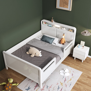 北欧全实木儿童床带护栏白色女孩单人床1.2米1.35m小孩婴儿拼接床
