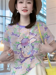 【深圳南油】（F017）真丝双绉可爱兔子字母桑蚕丝t恤上衣